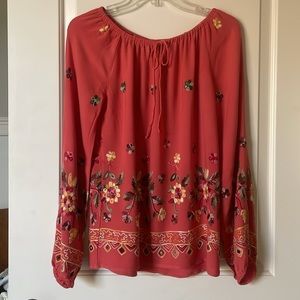 Bohemian embroidered top blouse dark coral sz S Anthropologie